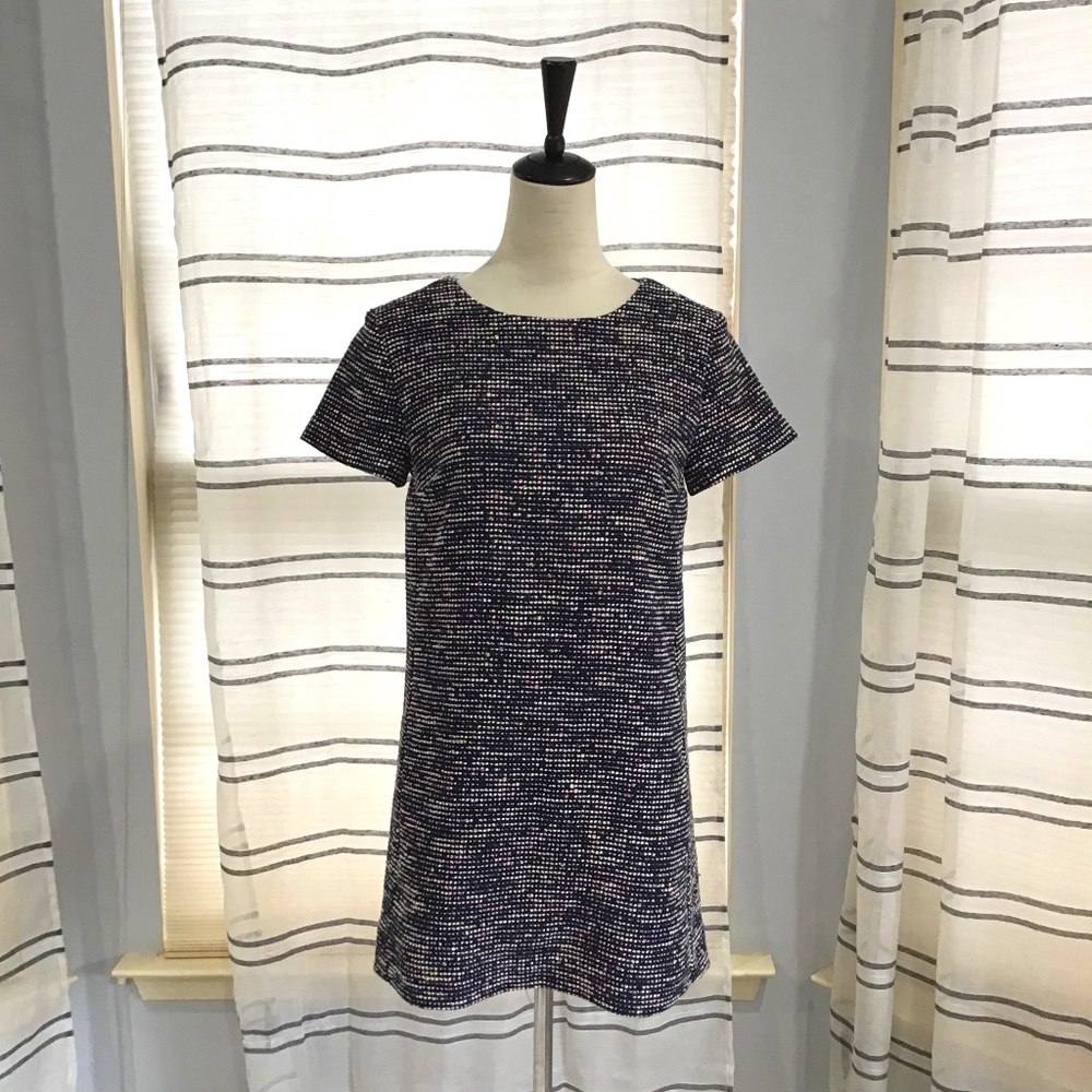 Loft Women Size 2 Tweed Multicolor Navy Shift Dress Short Sleeve Career Teacher